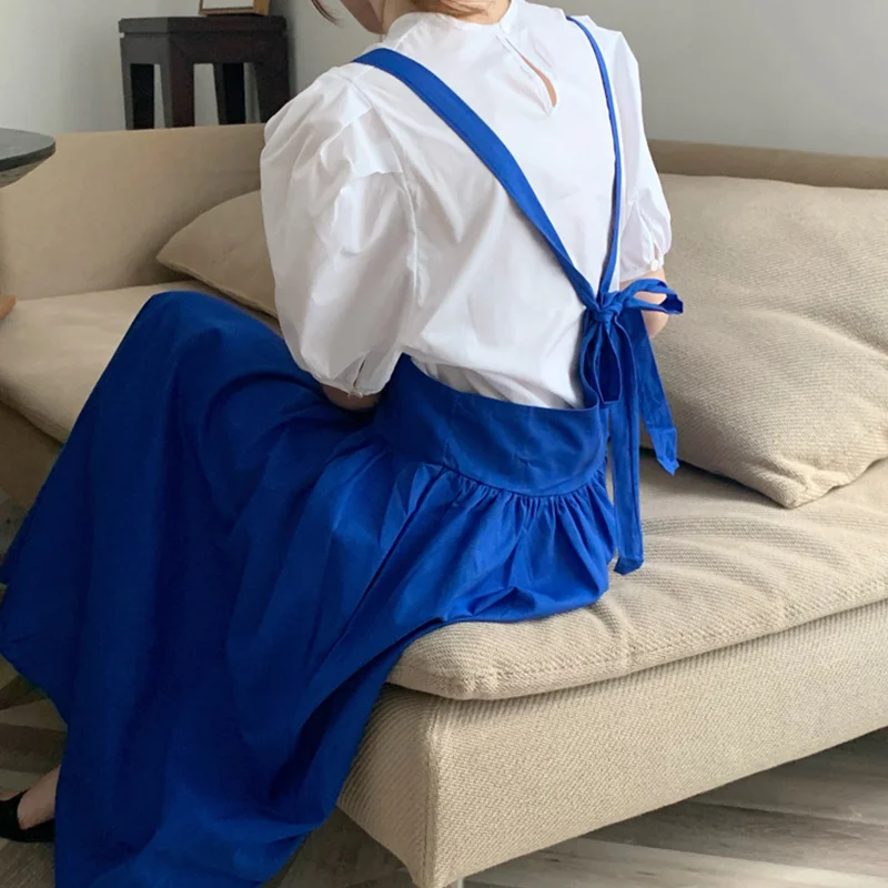 Summer Reduction Soft Blue Round Neck Loose Puff Sleeve Shirt Back Big Swing Strap Dress | Женская одежда