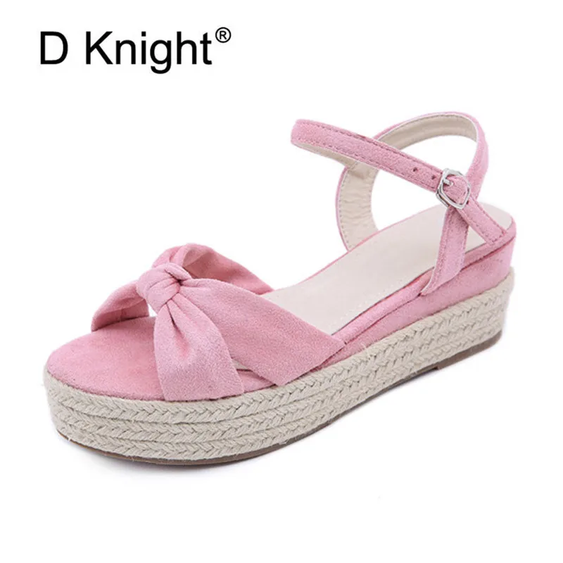 

Sweet Bow High Heels Sandals Female Shoes Thick-Soled Straw Student Women Sandal 2021 Summer New Korean Women Espadrilles Wedges