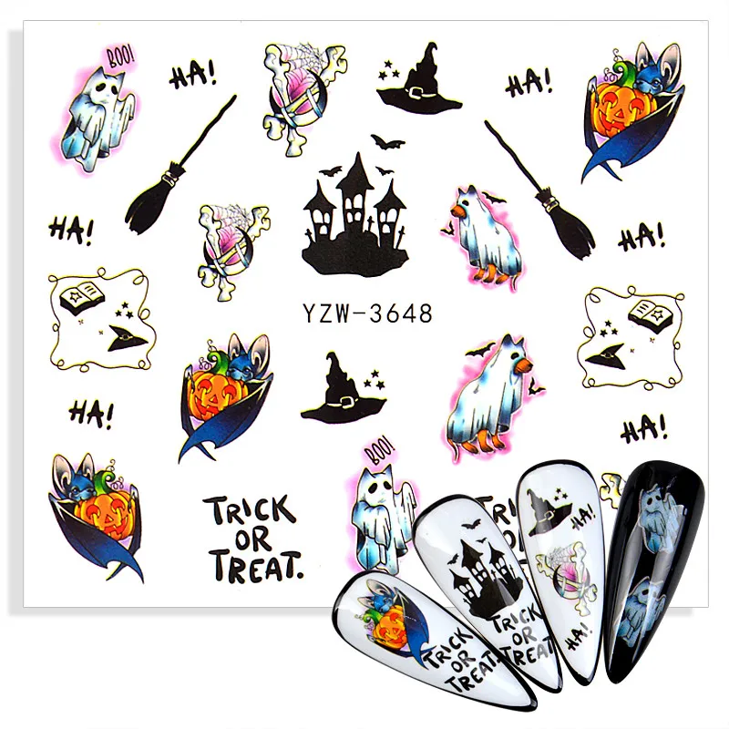 1pc Halloween Water Transfer Nail Art Stickers Decals Nails Decorations Manicure Tools Pumpkin Skull Eyes Devil Wizard Design - купить по