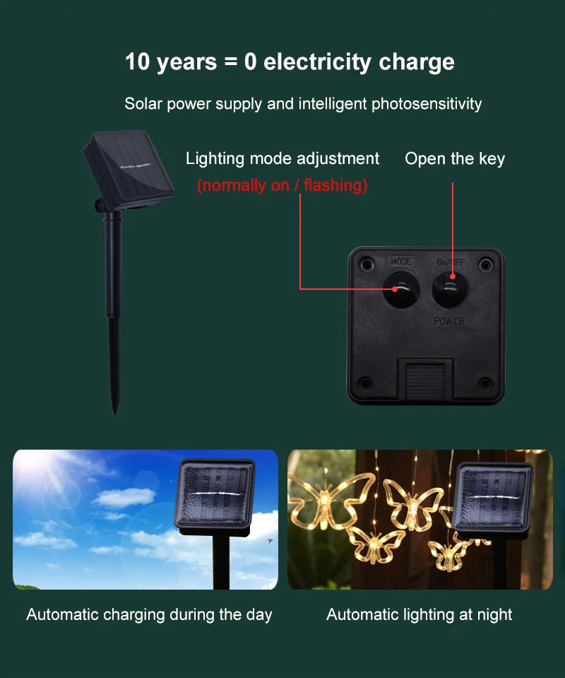 

Garden Solar Butterfly String Lights Outdoors Fairy Christmas Lights Waterproof Curtain Courtyard Christmas Holiday Decoration