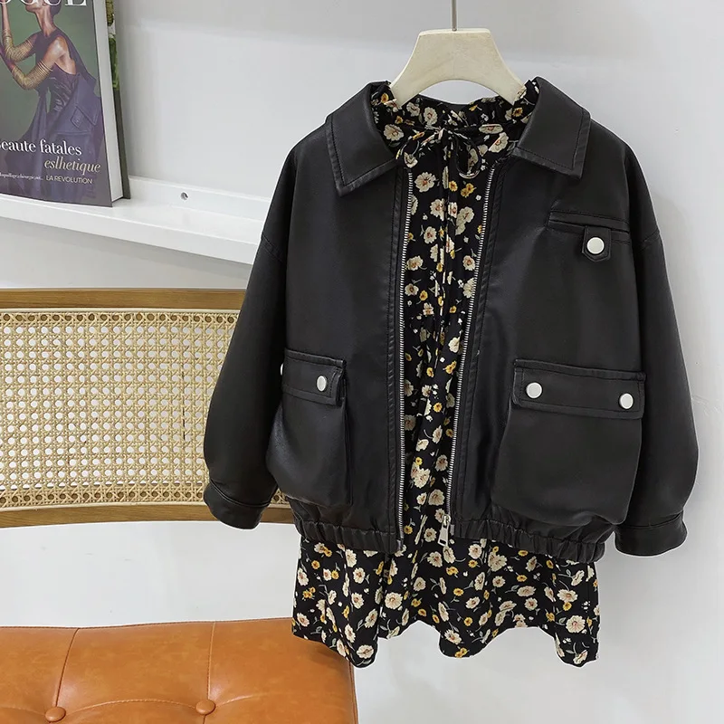 

Кожаная одежда для девочек, Новинка весна-осень, детская кожаная куртка, кожаное пальто в западном стиле для маленьких девочек на весну и ос...