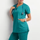 Унисекс, летняя и осенняя медицинская униформа, женская одежда для медсестры, для салона, лаборатории, больницы, однотонный топ с коротким рукавом и карманами
