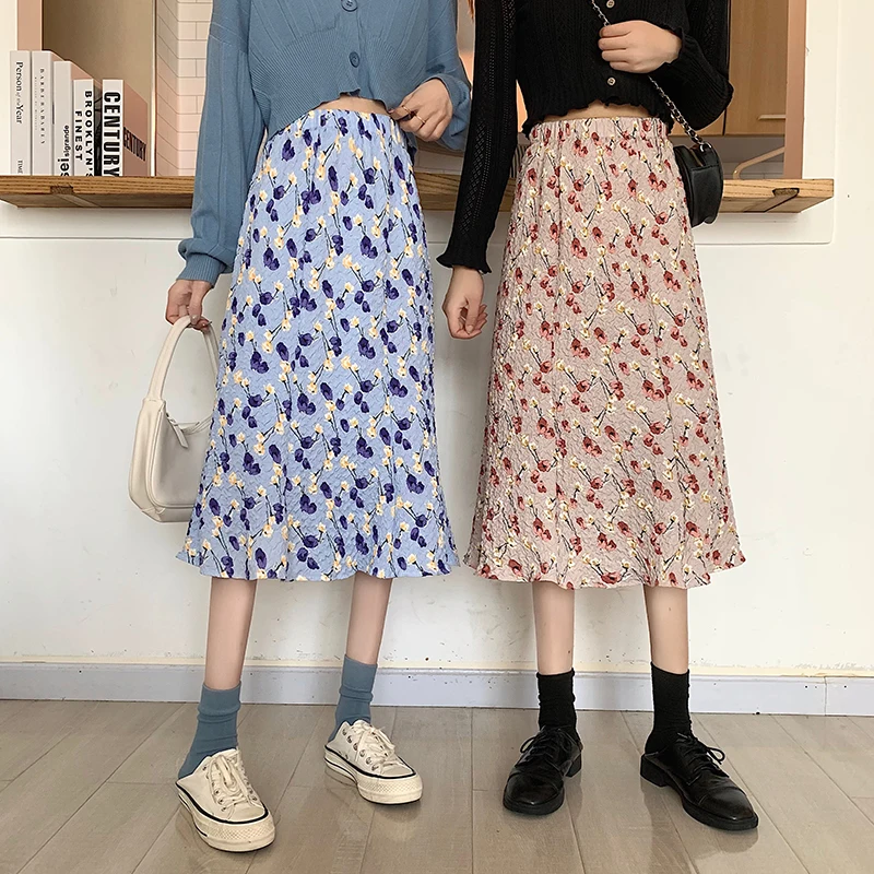 

Floral female spring and autumn dress 2021 new high-waisted thin A-line skirt temperament mid-length bag hip skirt