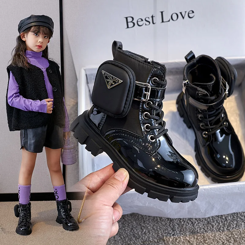 

Children Leather Boots Cool Trend Girls Comfort Matin Boots Snow Shoes For Boys 1-16y Winter Warm Non-slip New Designed Black