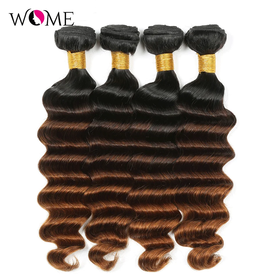 Wome Three Tone Ombre Brazilian Hair Deep Wave Human Hair Bundles Extensions 10-24 Inch 3/4 Bundles Remy Hair Weave 1B/30