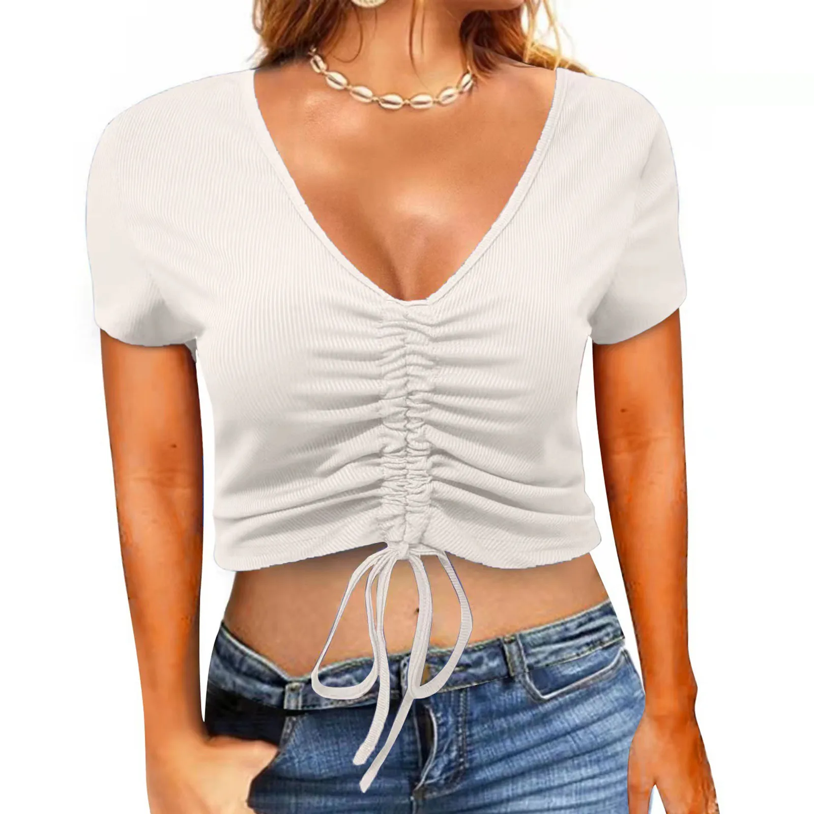 Кроп-топ женский с V-образным вырезом на завязках спереди | Женская одежда