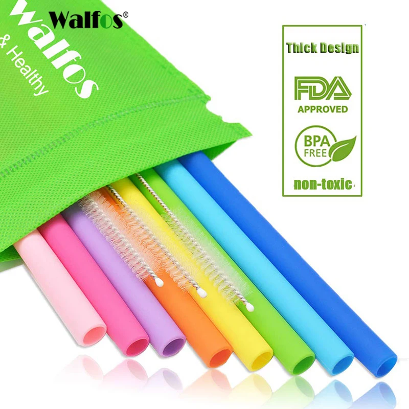 

Walfos 12 Pieces/Set Reusable Silicone Drink Straws Extra Long Flexible Straight Straws for Smoothies 20 & 30 oz Tumblers mugs
