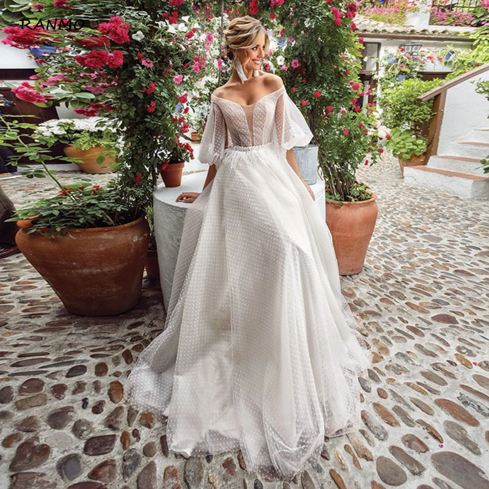 

Boho V-Neck Wedding Dress 2021 Tulle Puffy Sleeves Bridal Dress Sweep Train Zipper Back Vestido De Noiva Organza Elegant Weomen