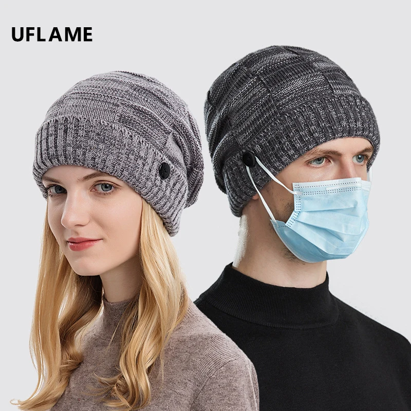 

UFLAME Trendy Plaid Hedging Cap for Women Men Hang Mask Slouchy Hat Loose Knitted Cap Thick Winter Hat Melange Skullies Beanies