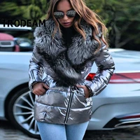 trodeam female autumn winter new style shiny laser silver big fur collar short long sleeve cotton down padded jacket women