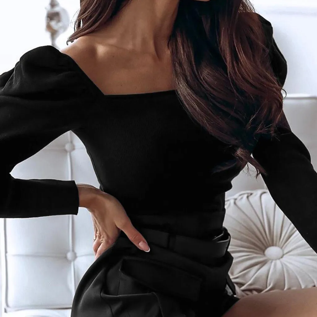 Модный женский пуловер с квадратным вырезом длинный комбинезон топы пышными