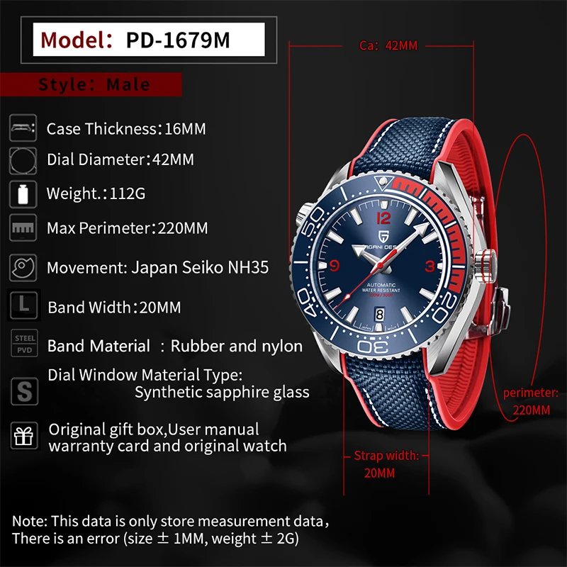 PAGANI DESIGN New NH35 Men's Mechanical Automatic Wristwatch Sapphire Crystal 100M Wterproof Sports Watch For Men Montre homme