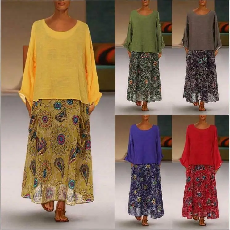 Модные женские топы из хлопка и льна 2 предметов блузка рубашка + юбка макси с