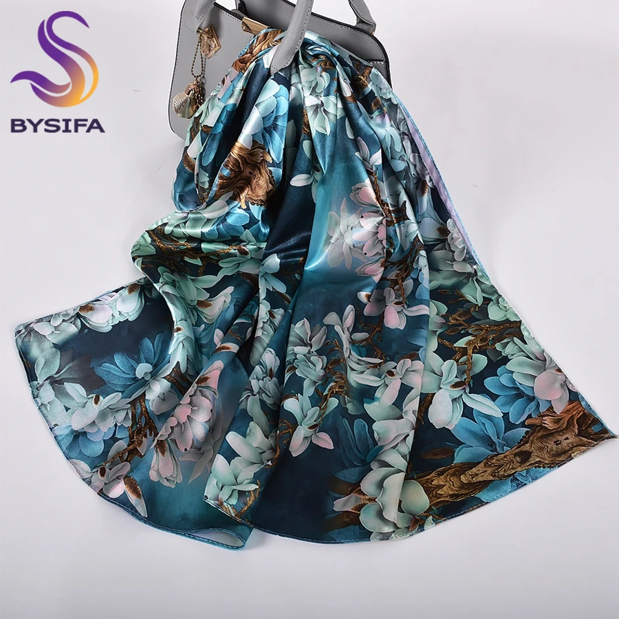 [BYSIFA] чернильный синий женский атласный длинный шелковый шарф шаль новый модный