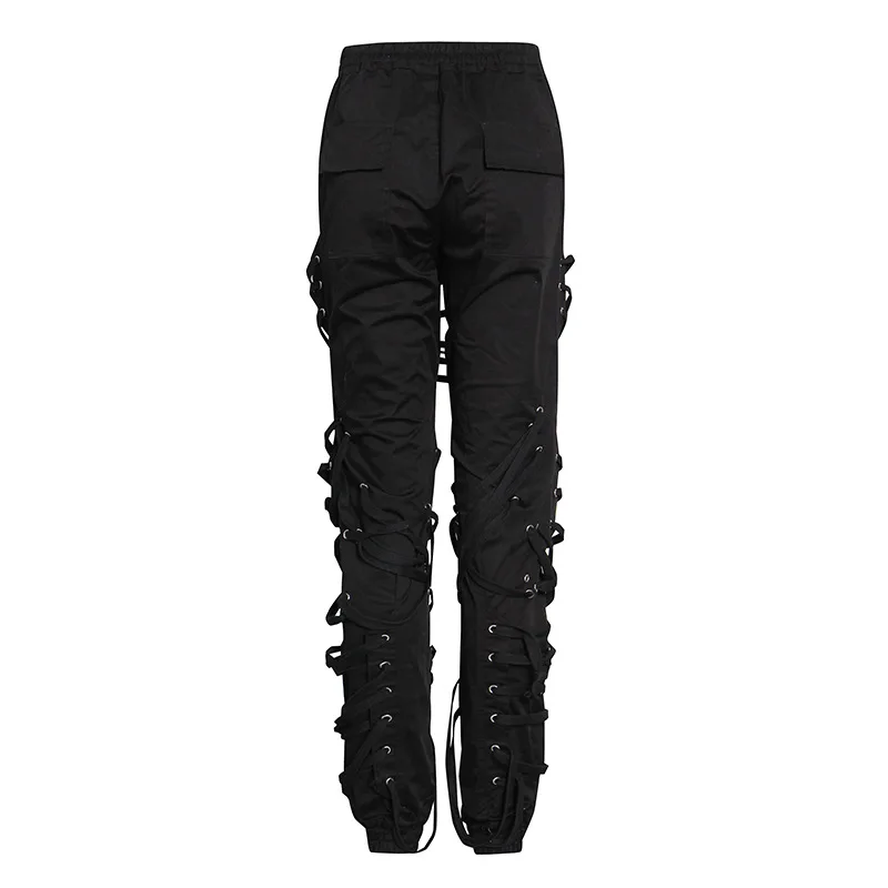 Autumn Women Cargo Pants Black White Elastic High Waist Casual Long Trousers Layered Cross Bandage Bunch Bottom Pockets Design
