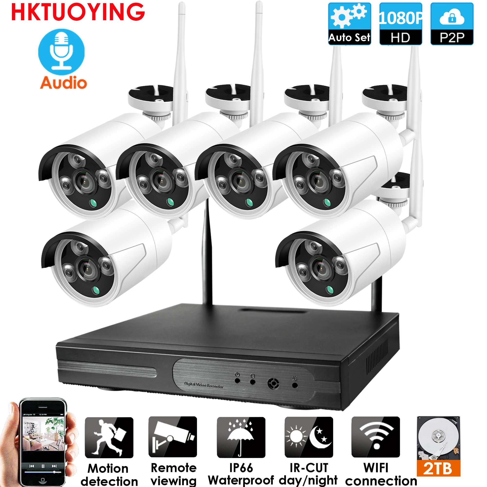 Plug and Play 6CH Audio1080P HD Беспроводной NVR комплект P2P Крытый Открытый ИК ночного видения безопасности 2.0MP IP камера wifi CCTV системы