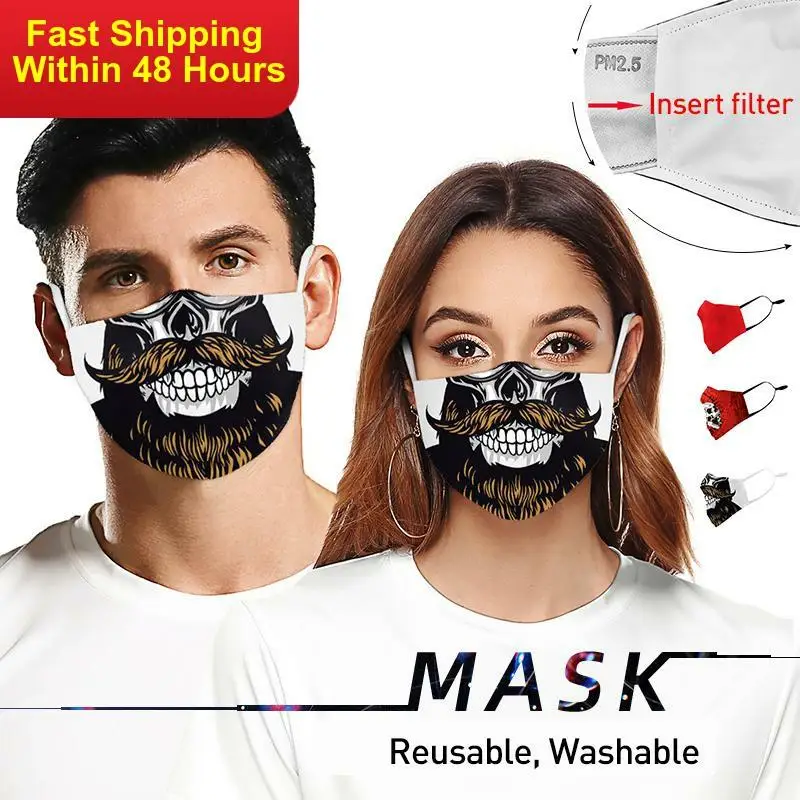 

Zawaland 2020 PM2.5 Face Mask Reusable Pollution Protect Printing Mouth Mask Halloween Skull Face Mask with Filters