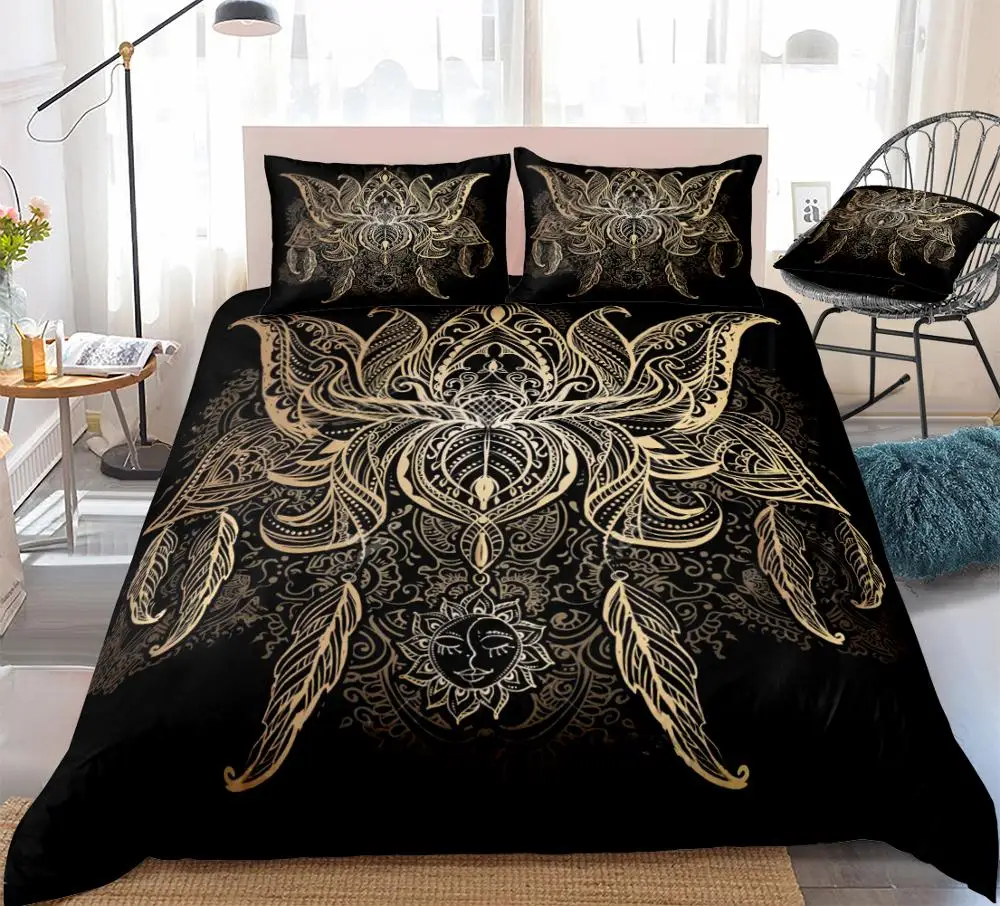 

Lotus Bedding Set Flower Bohemian Duvet Cover Set Sun Mandala Boho Quilt Cover Black Home Textiles 3PCS Queen Teens Dropship