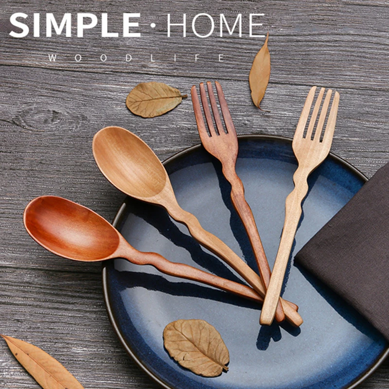 

Wooden Long Handle Tableware Portable Children's Spoon Fork Dinnerware Reusable Camping Travel Cutlery Utensils for Kitchen