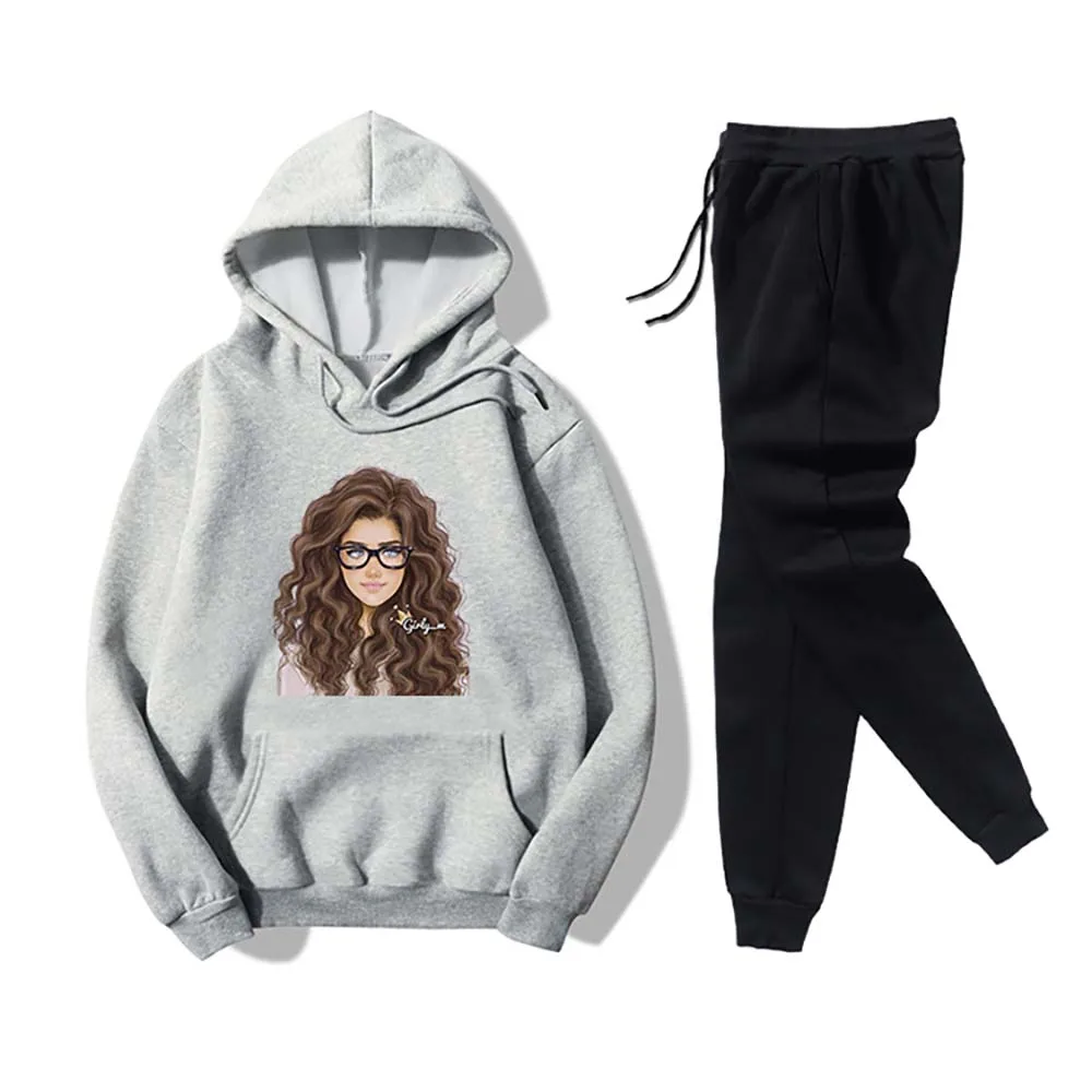 

Autumn Spring Women Tractsuits Printed Long Sleeve Hooded Tunic Bandage Elastic Waist Full Pant Casual Fitness Sportwear Mujer