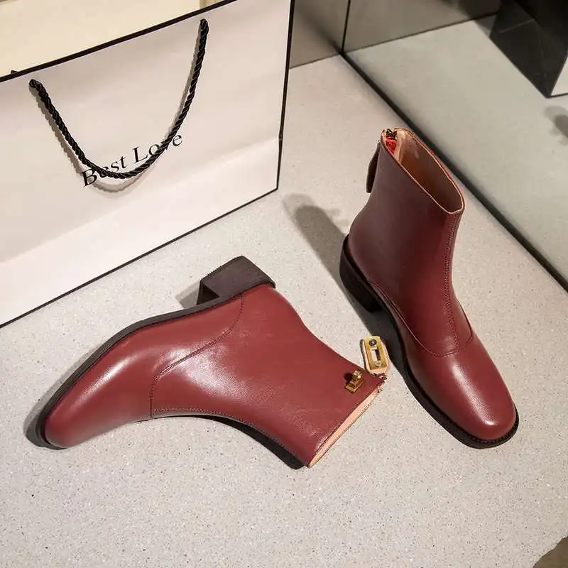 

krazing pot handmade high quality genuine leather round toe med heel metal decoration classic colors young lady ankle boots L59