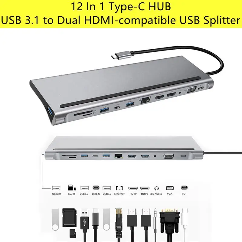 

Совершенно новый концентратор 12 в 1 Type-C USB 3,1 на двойной HDMI-совместимый USB-разветвитель 4K RJ45 VGA SD/TF кардридер для MacBook аксессуары
