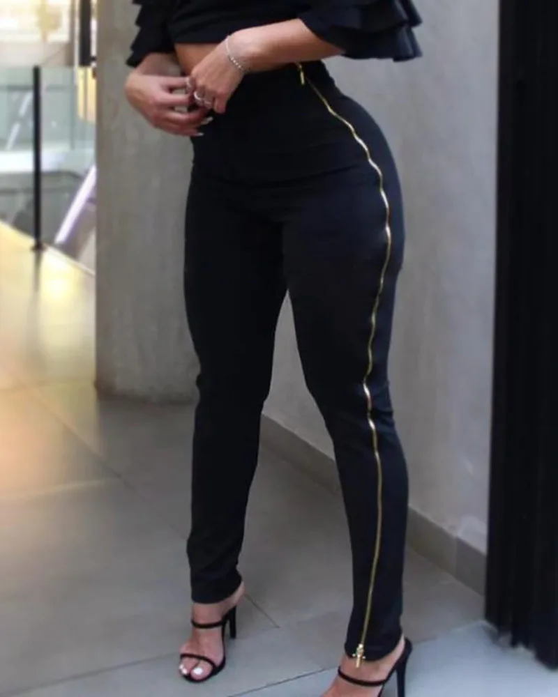 

2021 new fashion side zipper decoration high waist trousers