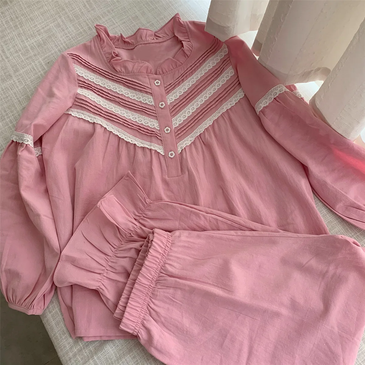 

Pj Sets for Women 2021 Spring New Korean Cotton Flounce Pink Sweet Long Sleeve Two Piece Housewear Pajama Girl
