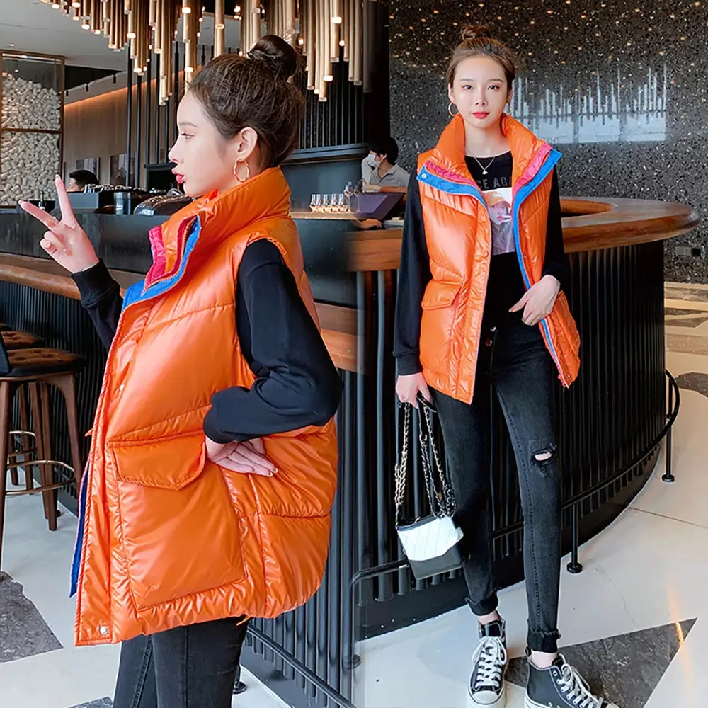 

GRELLER 2021 New Snow Wear Autumn Winter Cotton Vest Coat Women Stand Collar Winter Waistcoat Glossy Warm Sleeveless Vest Jacket
