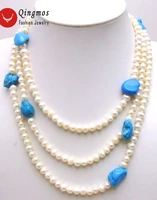 qingmos natural white pearl necklace for women with 6mm round freshwater pearl 15mm blue turquoises necklace 60 long necklace