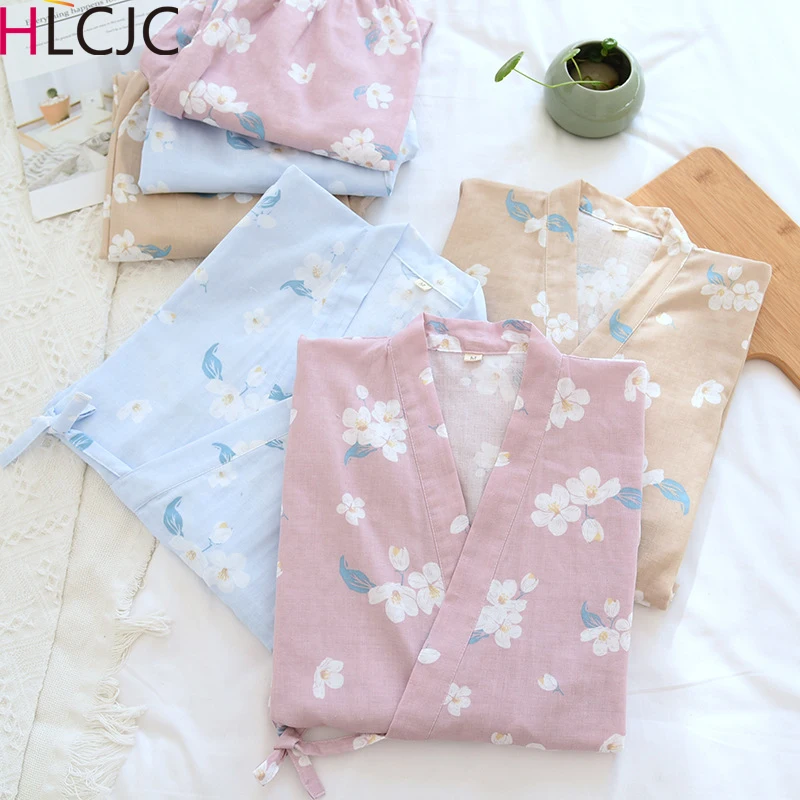 

Japanese Kimono Pajamas Suit Ladies Spring and Summer Thin Cotton Gauze Cherry Blossom Three-quarter Sleeve Loose Home Service