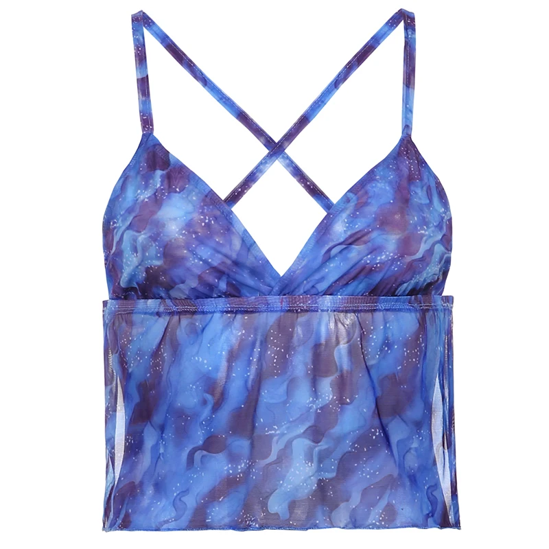 

HEYounGIRL Printed Mesh Sleeveless Sexy Cami Top Women Y2K Aesthetic Transparent Backless Strap Top V Neck Party Camisole Summer