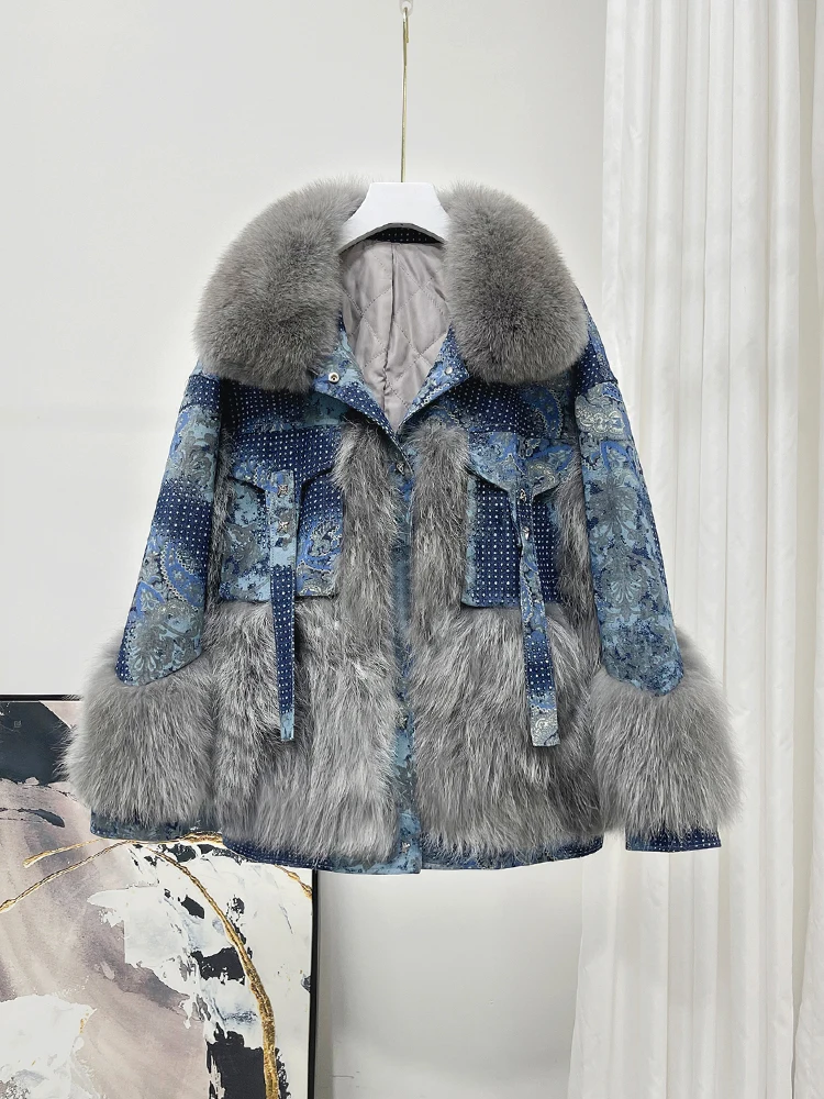 

2021 New Fashion 90%White Duck Down Liner Winter Denim Jacket Women Parka Real Natural Fox Fur Collar Warm Outerwear Streetwear