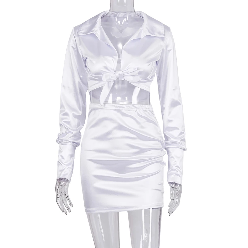 Hugcitar 2019 long sleeve satin V-neck wrapped crop tops skirt 2 pieces set autumn winter women pure pink party streetwear track |