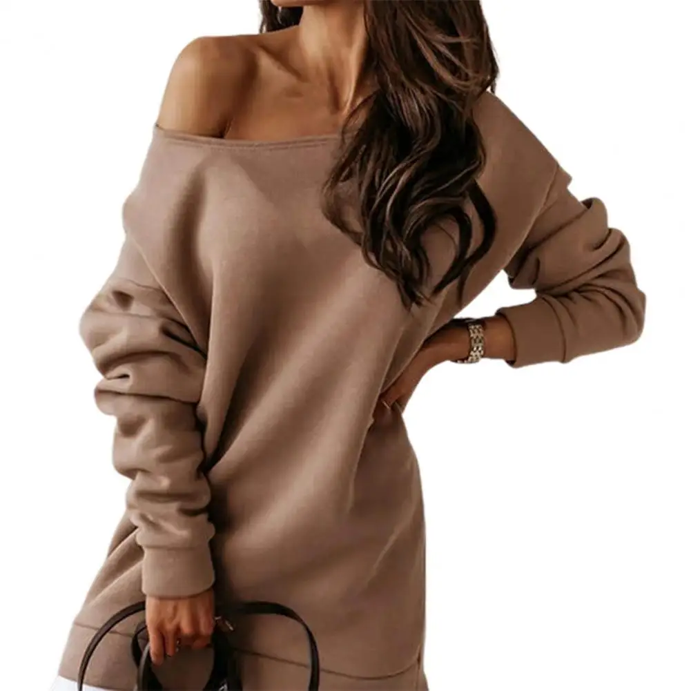 

Sweatshirt Dress Women Contrast Color Patchwork Fake Two Piece Autumn Round Neck Long Sleeve Off Shoulder Dress for Daily Wear