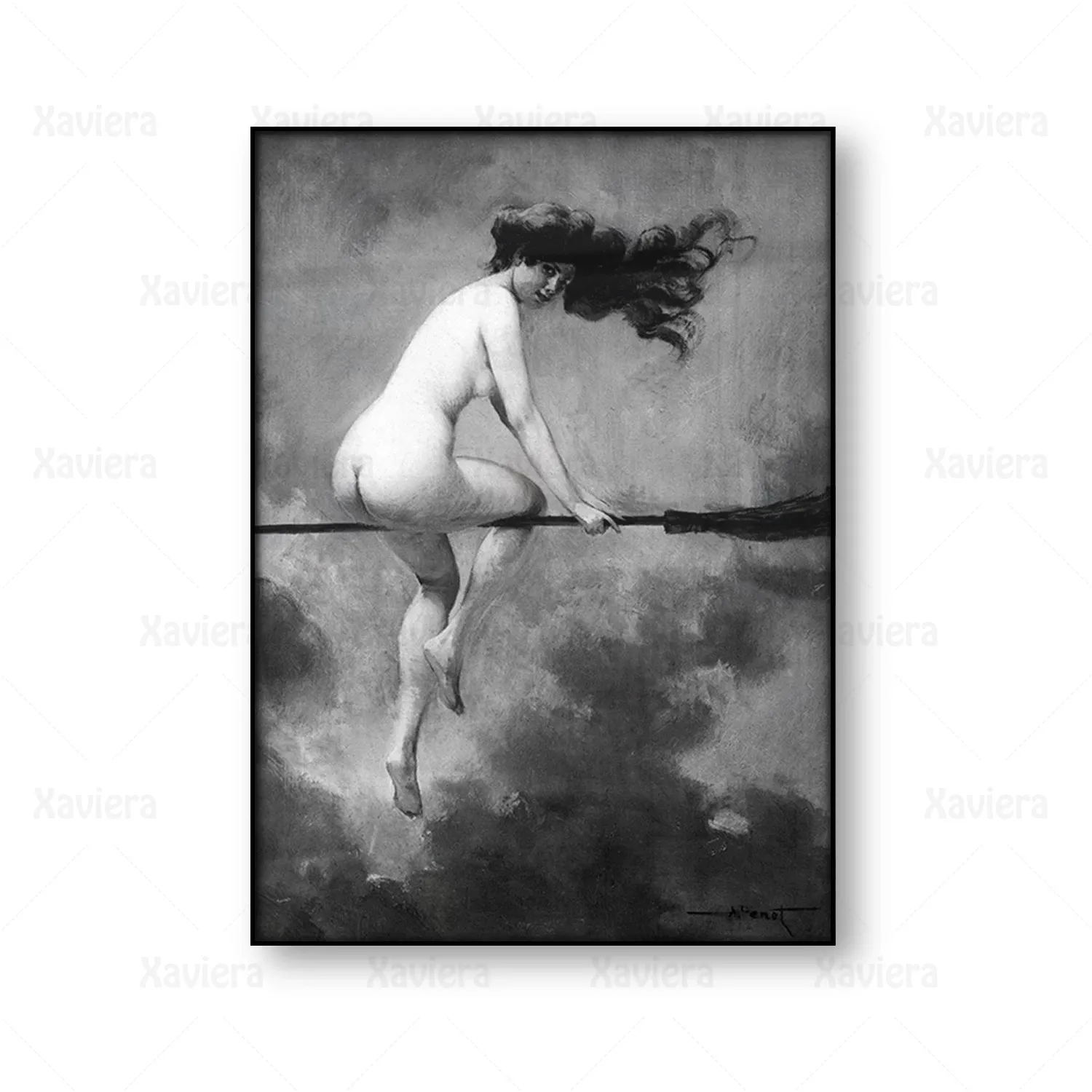 

Vintage Black and White Poster Witch Riding a Broom Canvas Painting Gothic Mystery Print Picture Room Decoration Wall Artwork