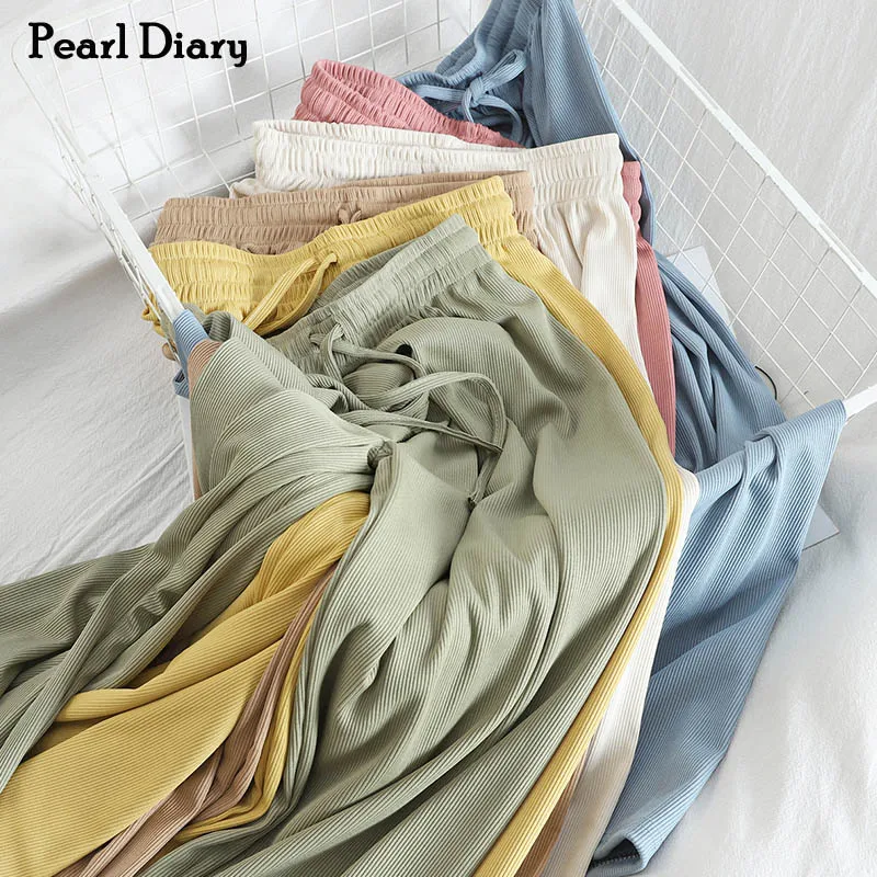 

Pearl Diary Ribbed Pants Women High Waist Drawstring Drapey Long Rib Loose Pants Korean Style Spring Casual Solid Color Pants