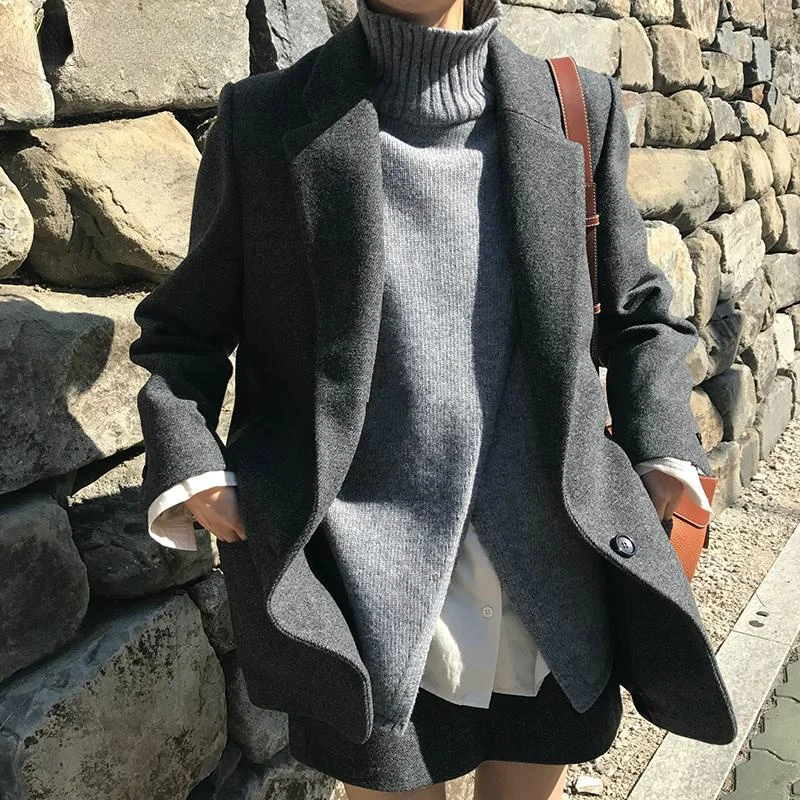 

Korean Fashion Wool Suit For Woman Outwear Vintage Casual Slim Women Blazers and Jackets Wool Long Sleeve Blazers Working Wear