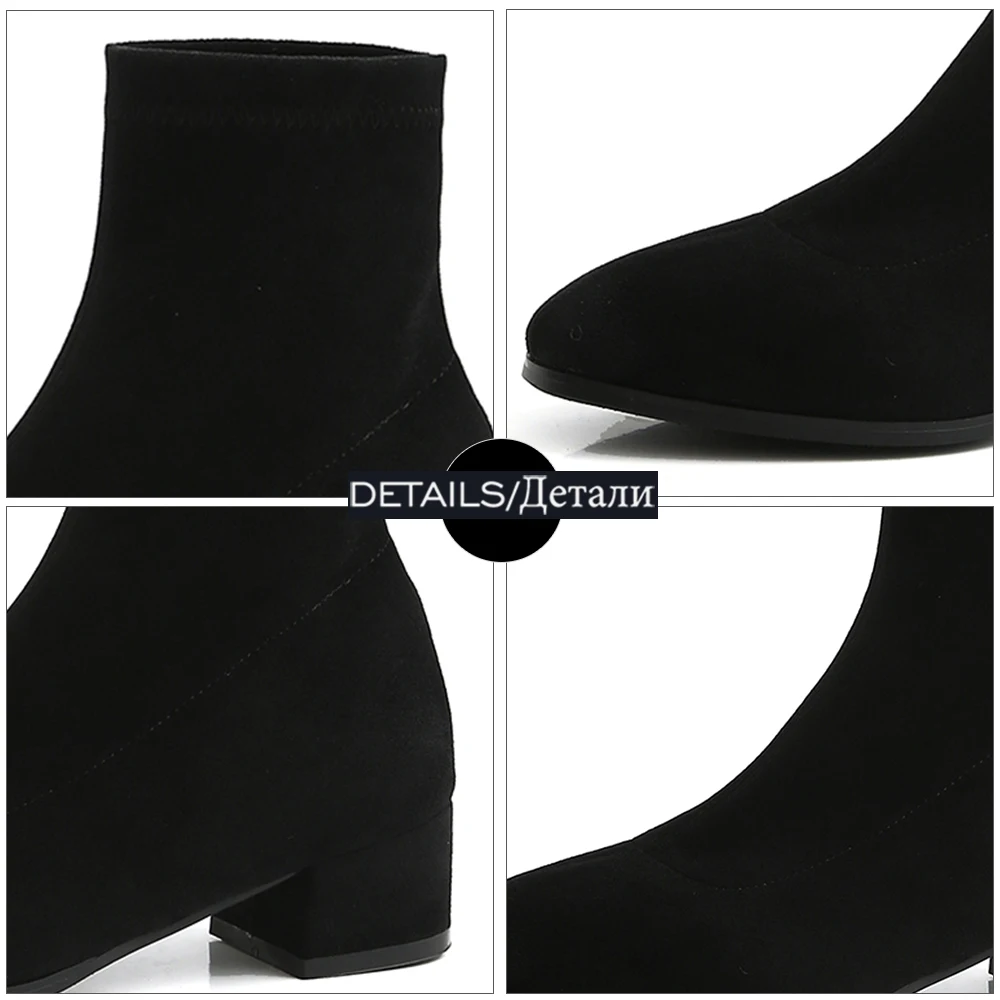 

WETKISS Chunky Heel Stretch Booties Slip On Ankle Boots Flock Round Toe Shoes Women Dress Shoes Autumn Boot Big Size 43