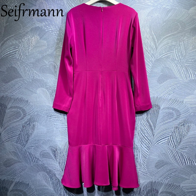 

Seifrmann New 2021 Autumn Women Fashion Designer Mermaid Dress Long Sleeve Gorgeous Crystal Beading Elegant Midi Dress Vestidos