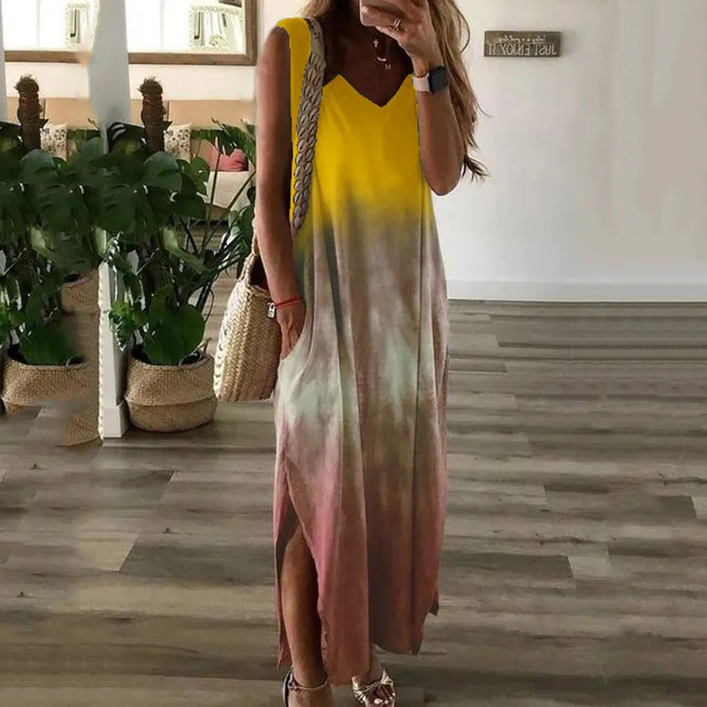 

Casual Women Tank Dress Summer Casual Tie-dye Letter Print Sleeveless V-neck Maxi Dress Female Long Dresses Pocket#35