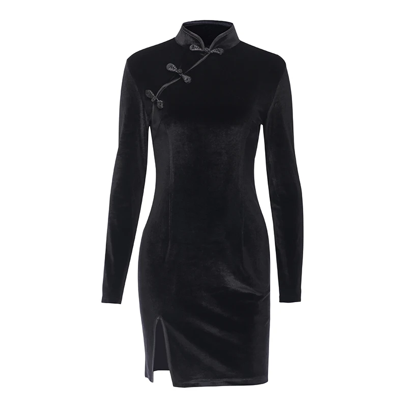 Женское Замшевое платье черное приталенное платье-Ципао с высоким воротом и