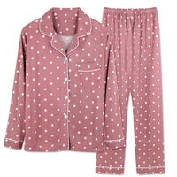 spring autumn long sleeve pajamas womens lapel cardigan suit wave point pants nightwear home clothes sleepwear set large size