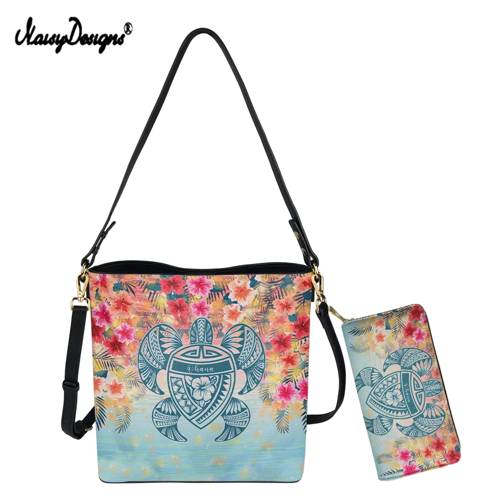 

NOISYDESIGNS Fashion PU Leather Women Bucket Bag And Purse 2pcs Set Polynesian Hibiscus Turtle Print Luxury Messenger Sac Mujer