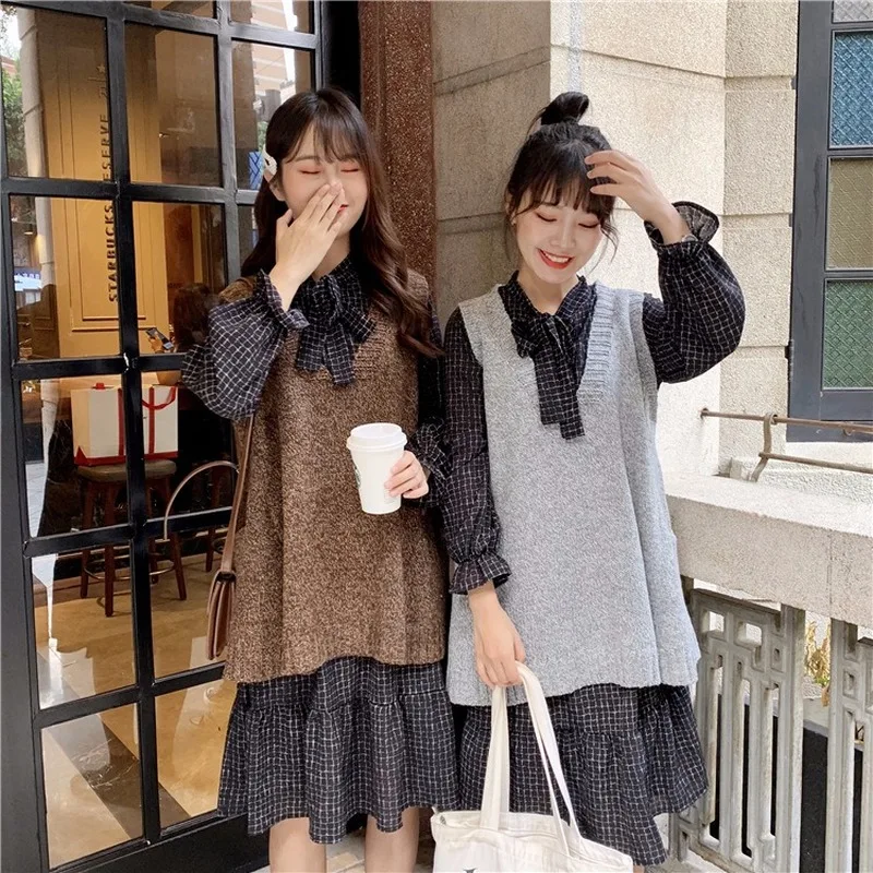 

2021 Autumn And Winter New Students Lazy Wind Bow Long Dress Fresh Wild Knitted Vest Two-piece Suit