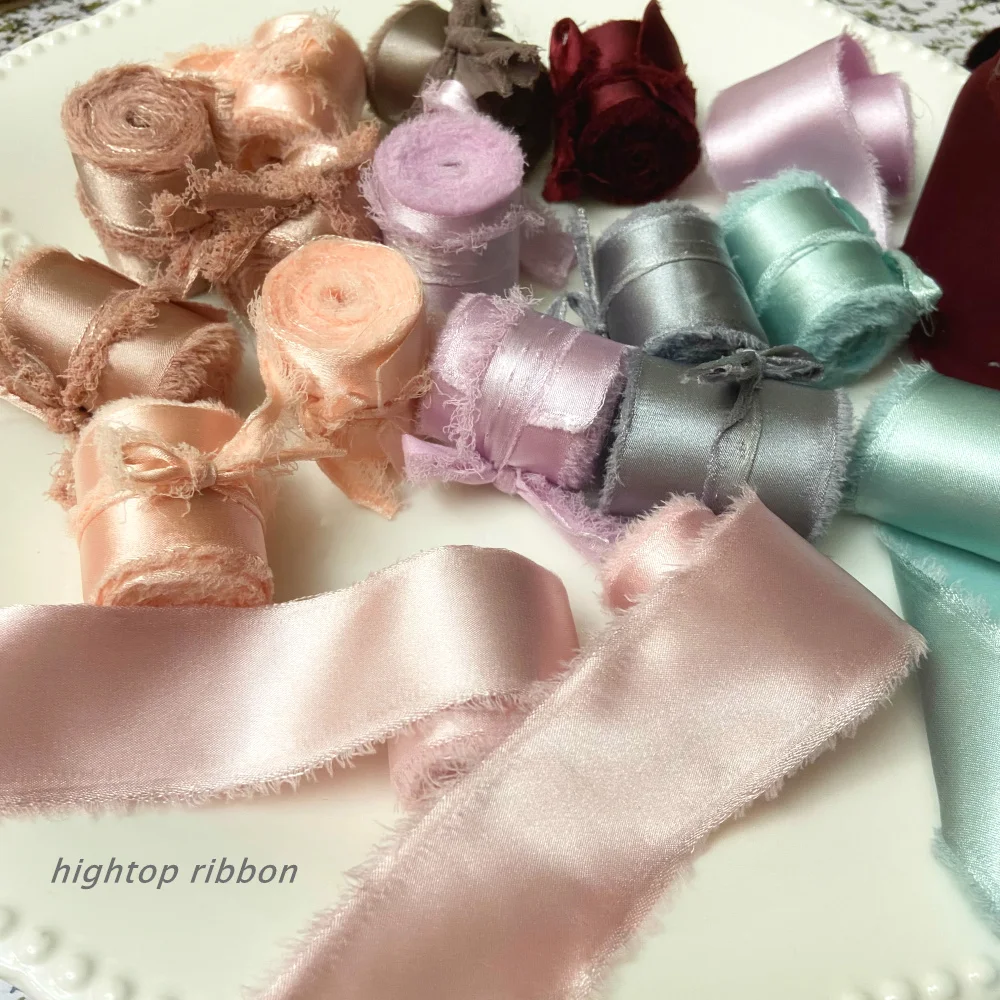 

Ins handmade Frayed Edged satin Silk Chiffon Ribbon Fringe Ribbon Wedding Invitation Bouquets Gift Wrapping Flatlays Photograph