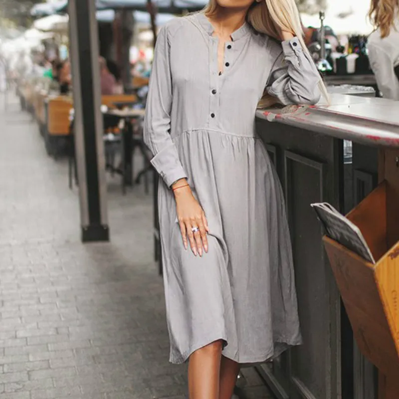 2019 модное женское осеннее однотонное платье с отложным воротником и длинным