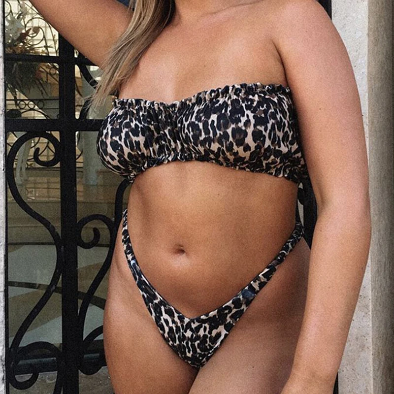 Новый купальник без бретелек с леопардовым принтом бандо плиссированный женский