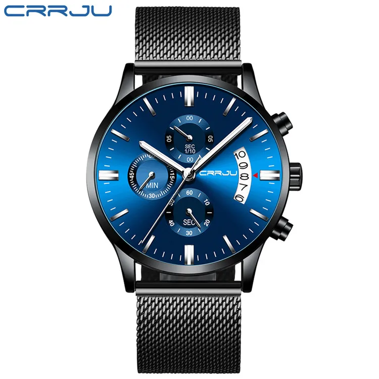 black Silver CRRJU новые мужские часы, мужские Модные брендовые роскошные часы из нержавеющей стали, синие кварцевые часы, мужские повседневные спортивные водонепроницаемые часы, Relojes - Цвет: black Silver
