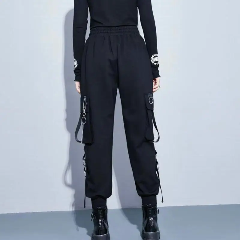 

Streetwear Cargo Pants Women Casual Joggers Black High Waist Loose Female Trousers Korean Style Ribbon Ladies Pants